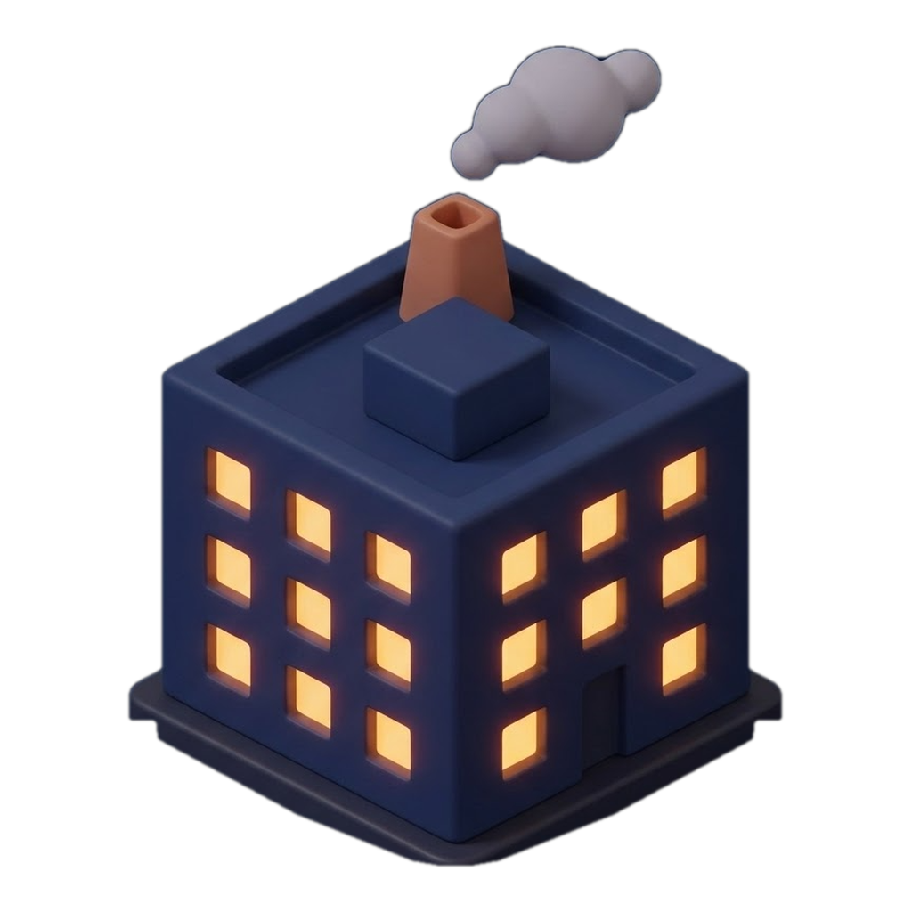 App Factory — a small navy factory building at night, windows glowing